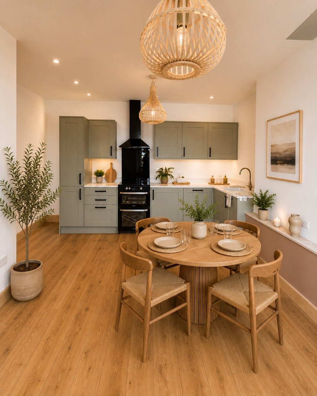 Completed kitchen and dining area in a renovated Newhaven flat, Edinburgh